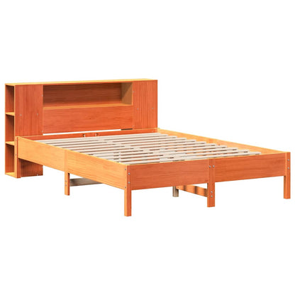 Wax Brown Solid Pine Bookcase Bed Frame 140x190 cm - No Mattress