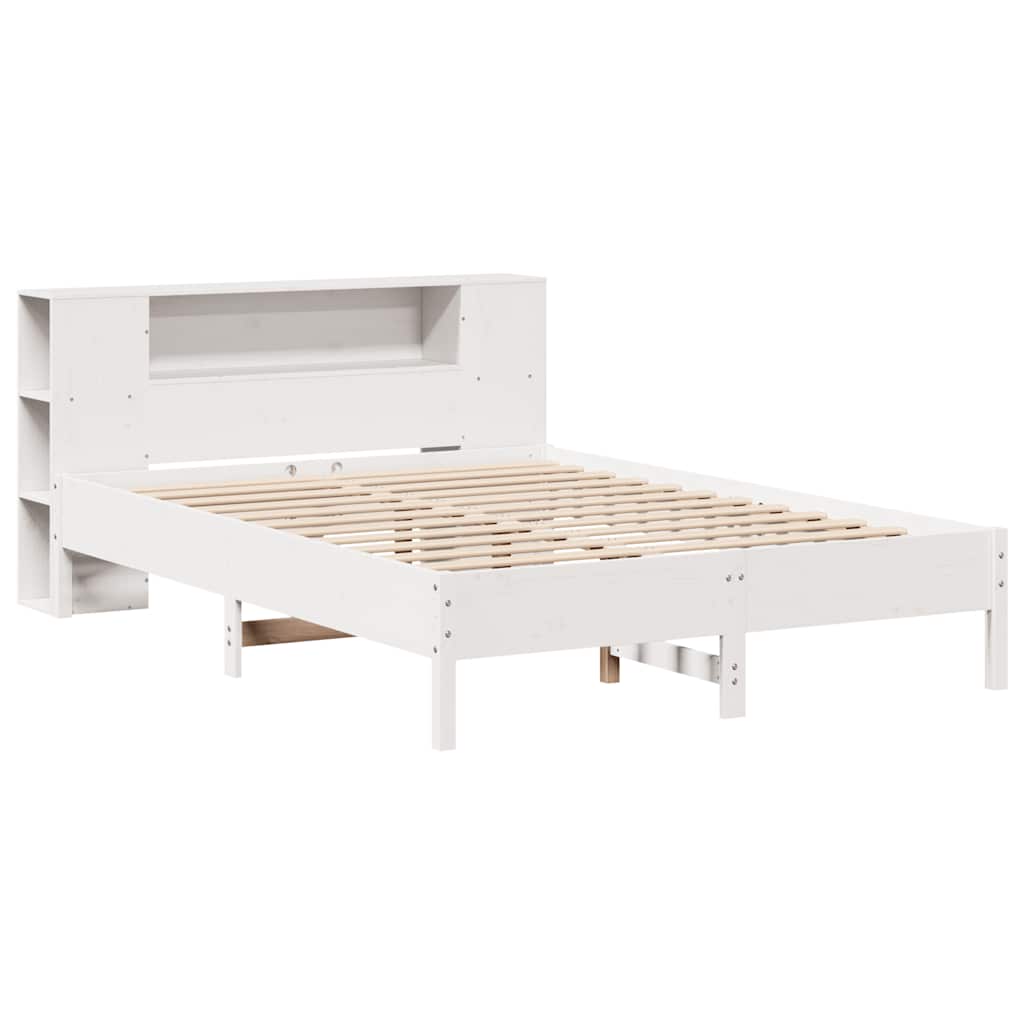 Solid Pine Bookcase Bed Frame, White 120x190cm, Small Double