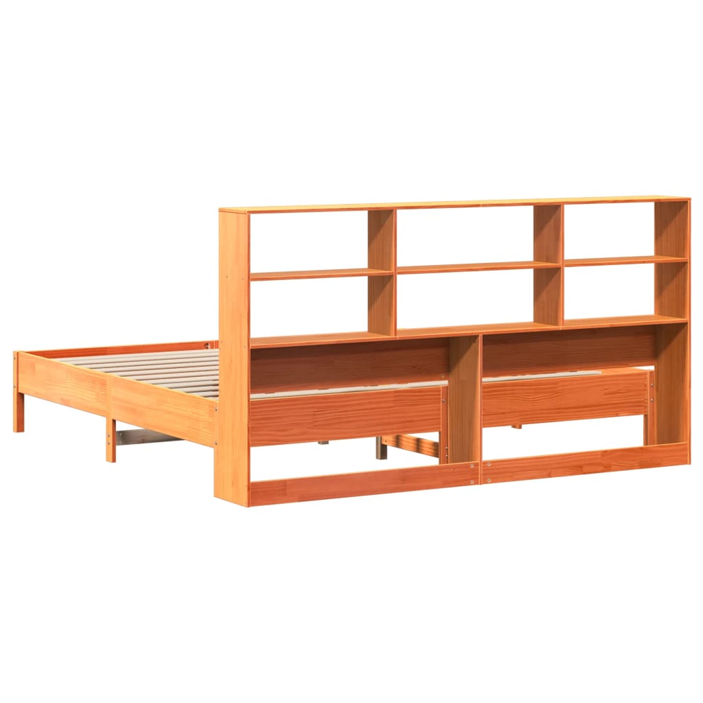Solid Pine Wood Bookcase Bed 200x200cm, Wax Brown Finish