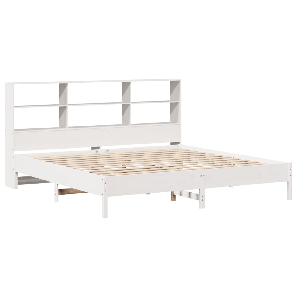 White Solid Pine Wood Bookcase Bed, Super King 180x200 cm