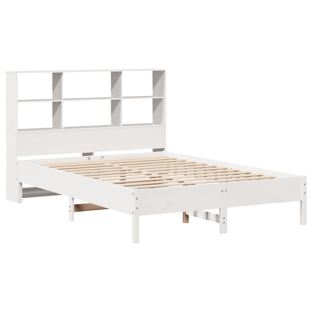 White Solid Pine Bookcase Bed Frame 140x200 cm (Mattress Excluded)