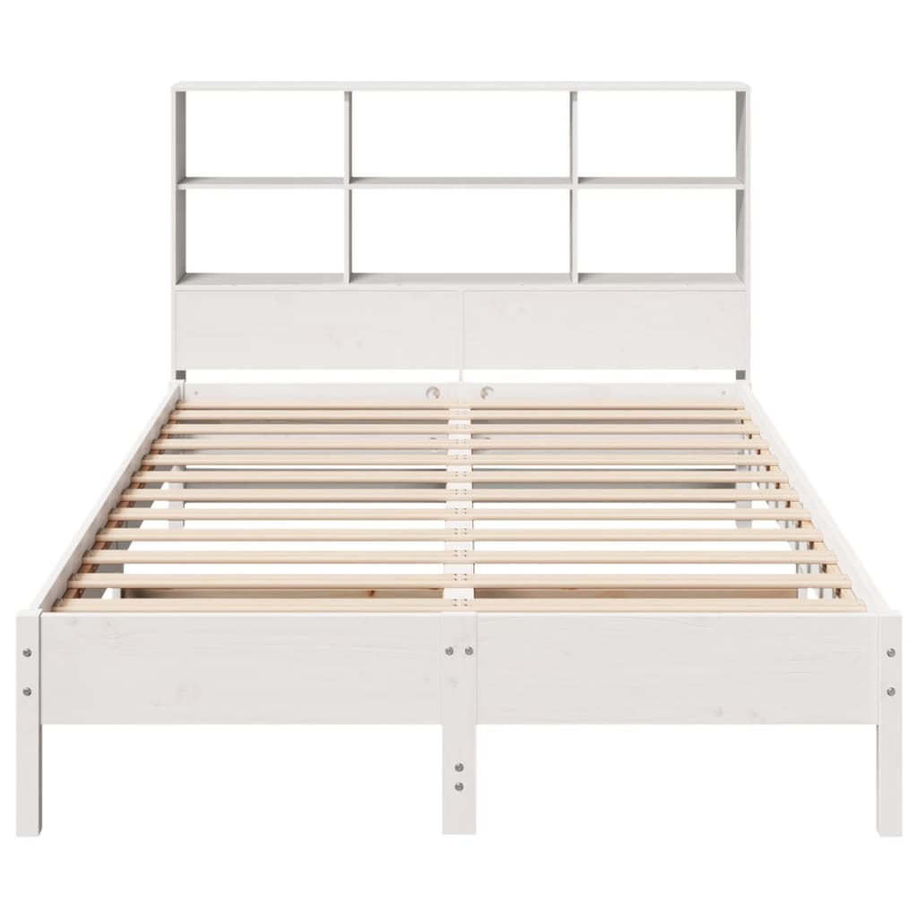 White Solid Pine Bookcase Bed Frame 140x200 cm (Mattress Excluded)