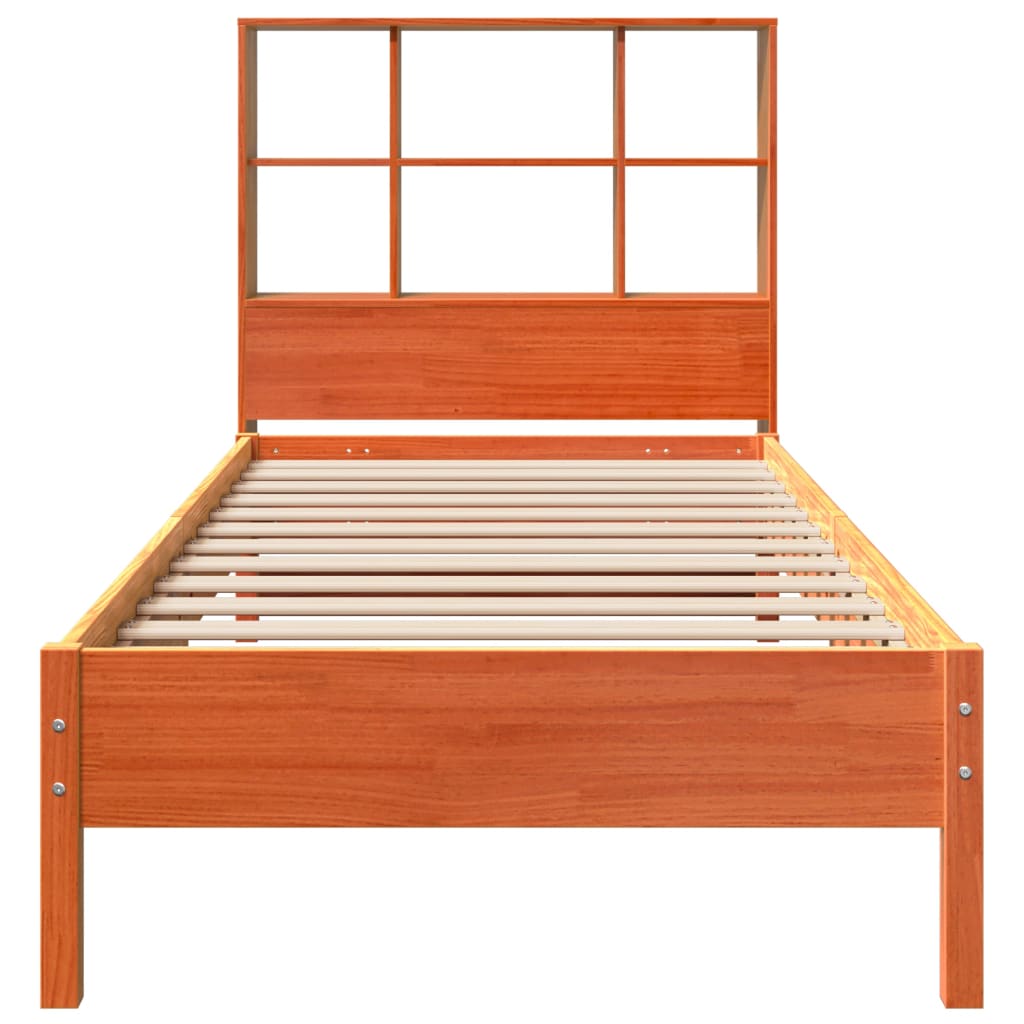Solid Wood Pine Bookcase Bed, Wax Brown, 100x200 cm - No Mattress