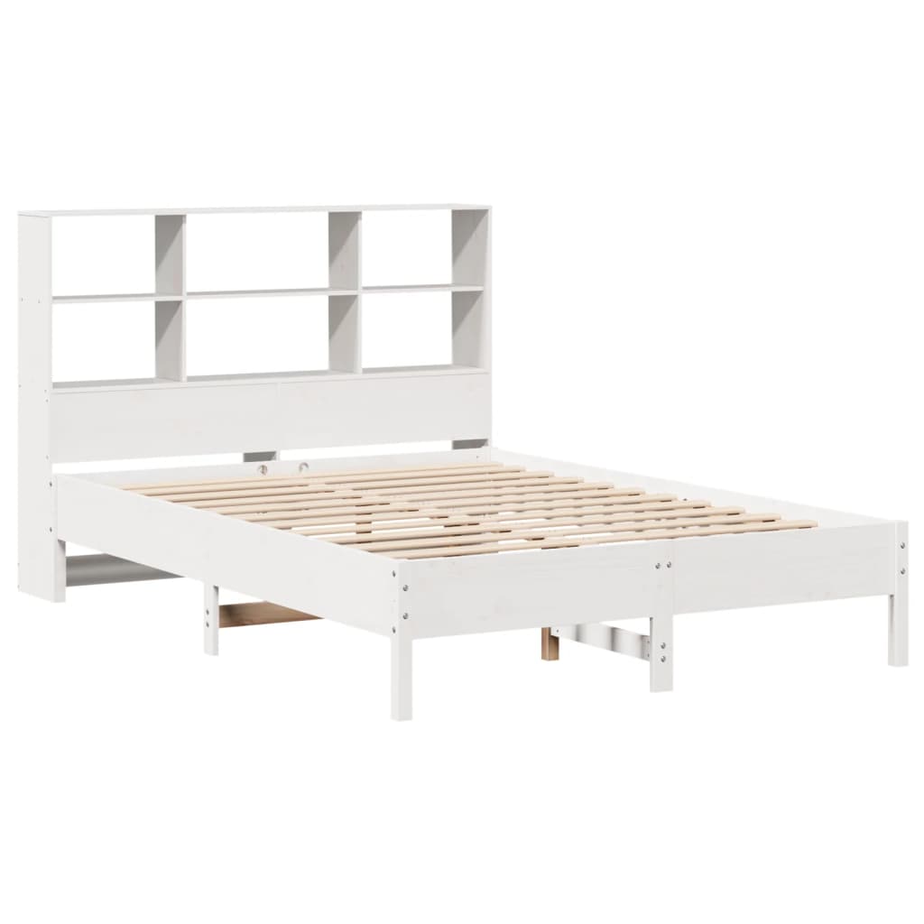 Solid Pine White Bookcase Bed Frame 140x190 cm (No Mattress)