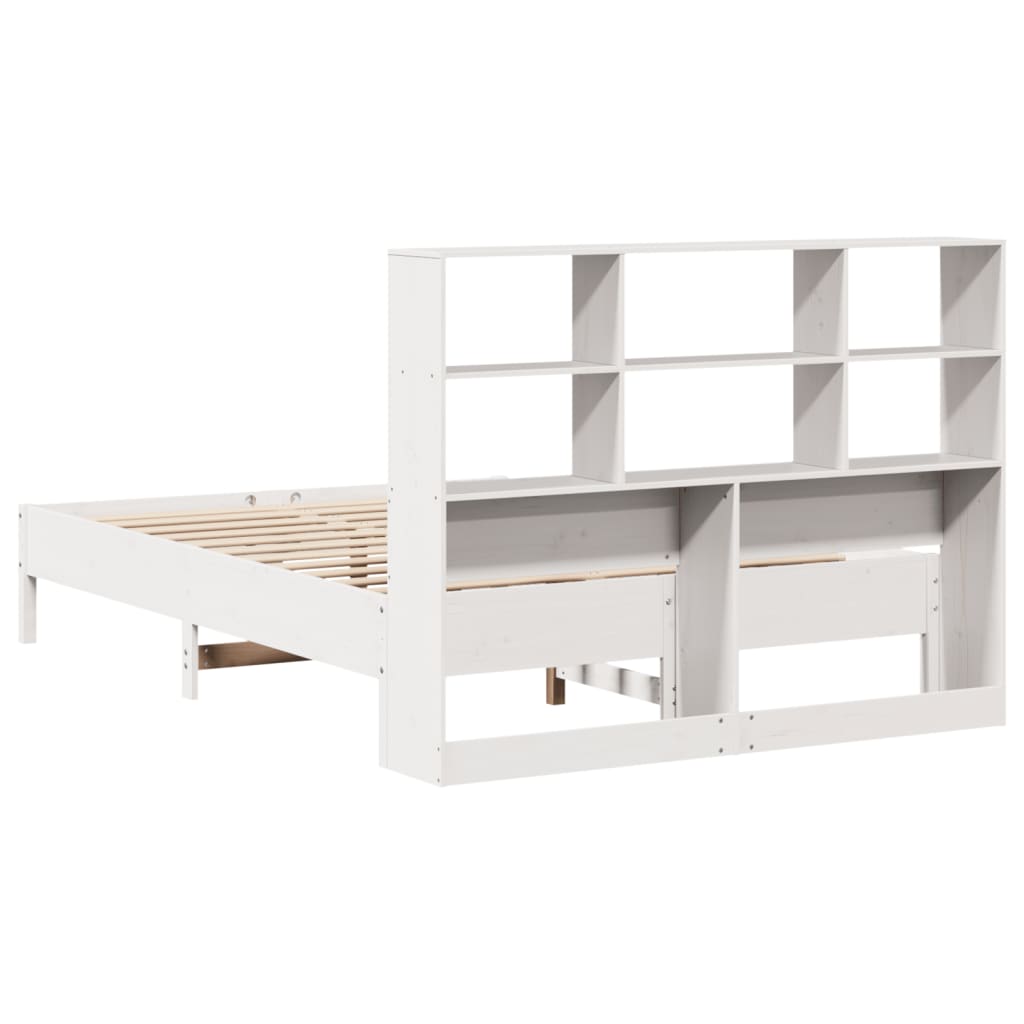 Solid Pine White Bookcase Bed Frame 140x190 cm (No Mattress)