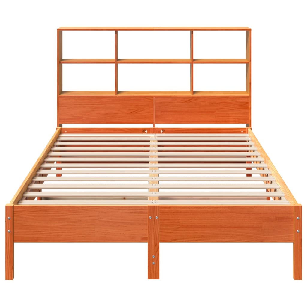 Solid Pine Wood Bookcase Bed Frame, Wax Brown, 140x190 cm