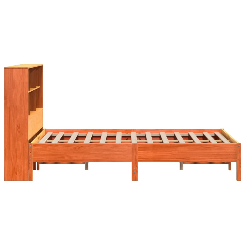 Solid Pine Wood Bookcase Bed Frame, Wax Brown, 140x190 cm