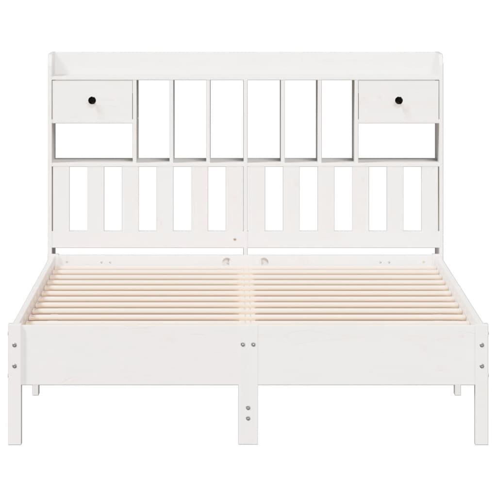 White Solid Pine Bookcase Bed Frame 160x200 cm - No Mattress Included