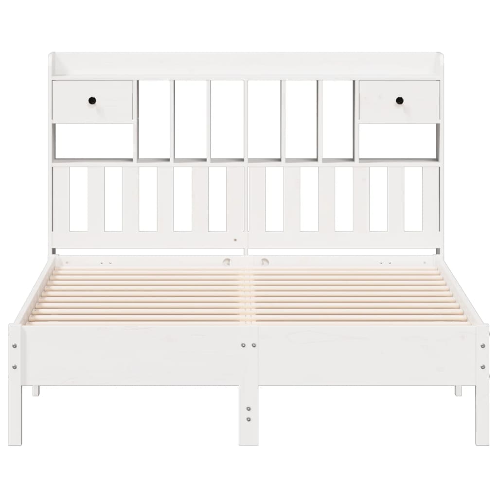King Size Solid Pine Wood Bookcase Bed Frame, White 150x200 cm