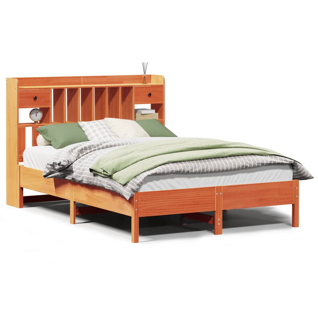 Solid Pine Wax Brown King Bookcase Bed 150x200 cm - No Mattress