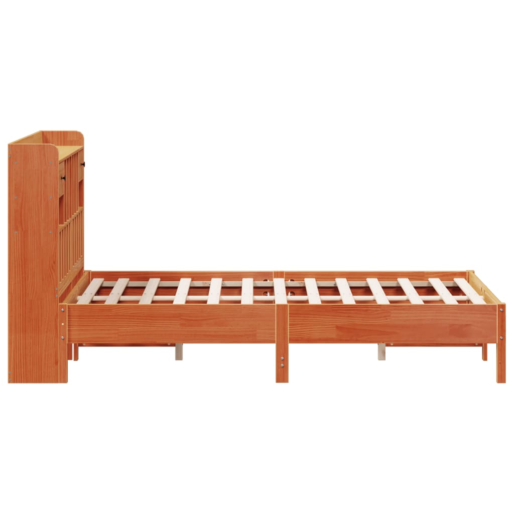 Solid Pine Wax Brown King Bookcase Bed 150x200 cm - No Mattress