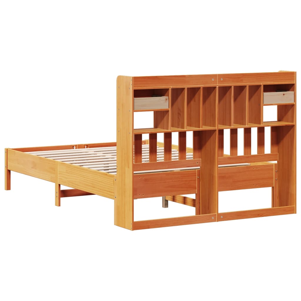Solid Pine Wax Brown King Bookcase Bed 150x200 cm - No Mattress