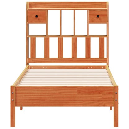 Solid Pine Bookcase Bed Frame 100x200 cm, Wax Brown Finish