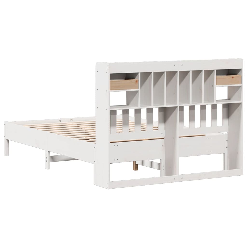 Solid Pine Wood Bookcase Bed (No Mattress), White, 140x190 cm