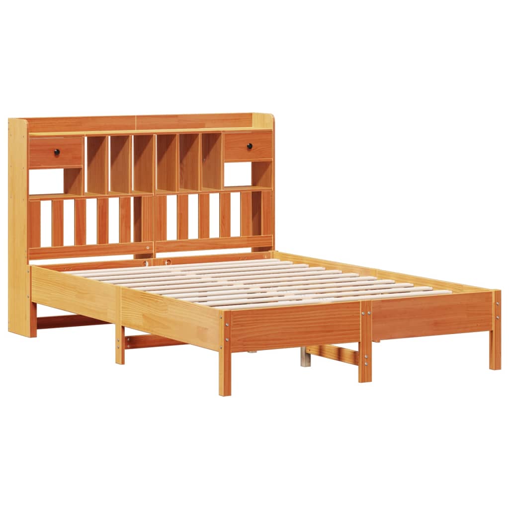 Solid Pine Wax Brown Bookcase Bed Frame 140x190 cm No Mattress