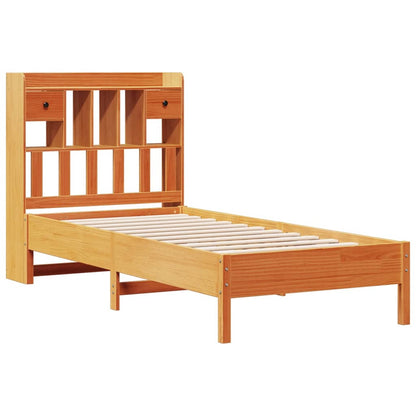 Solid Pine Wax Brown Bookcase Bed Frame 75x190cm (No Mattress)