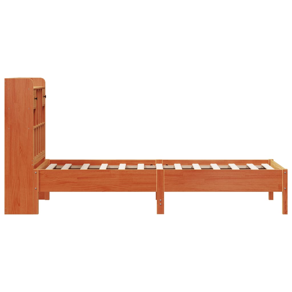 Solid Pine Wax Brown Bookcase Bed Frame 75x190cm (No Mattress)