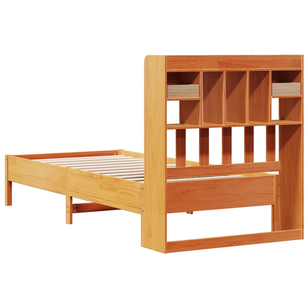 Solid Pine Wax Brown Bookcase Bed Frame 75x190cm (No Mattress)