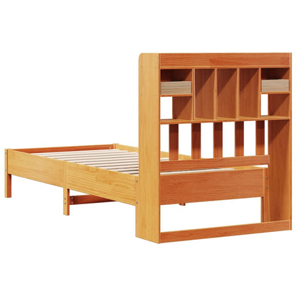 Solid Pine Wax Brown Bookcase Bed Frame 75x190cm (No Mattress)