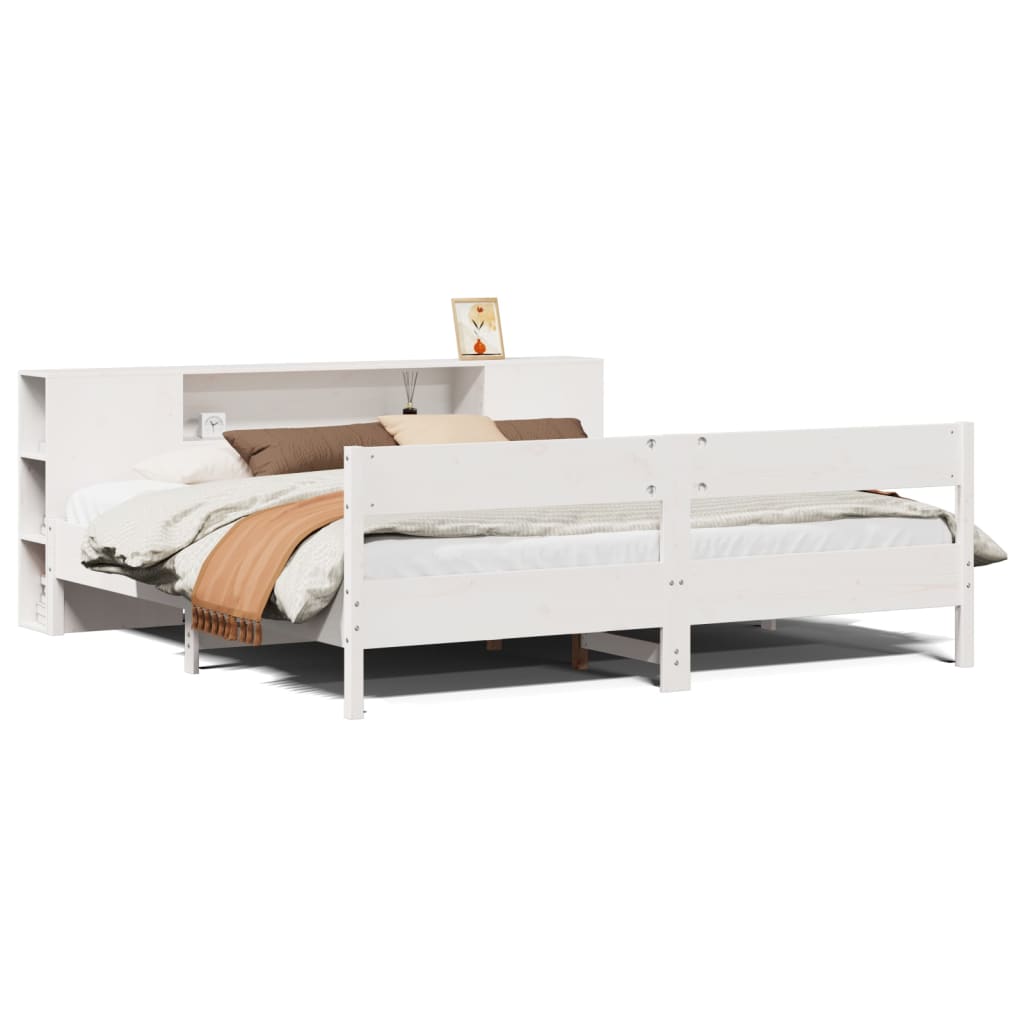 Solid Pine White Bookcase Bed, 200x200cm - Mattress Not Included