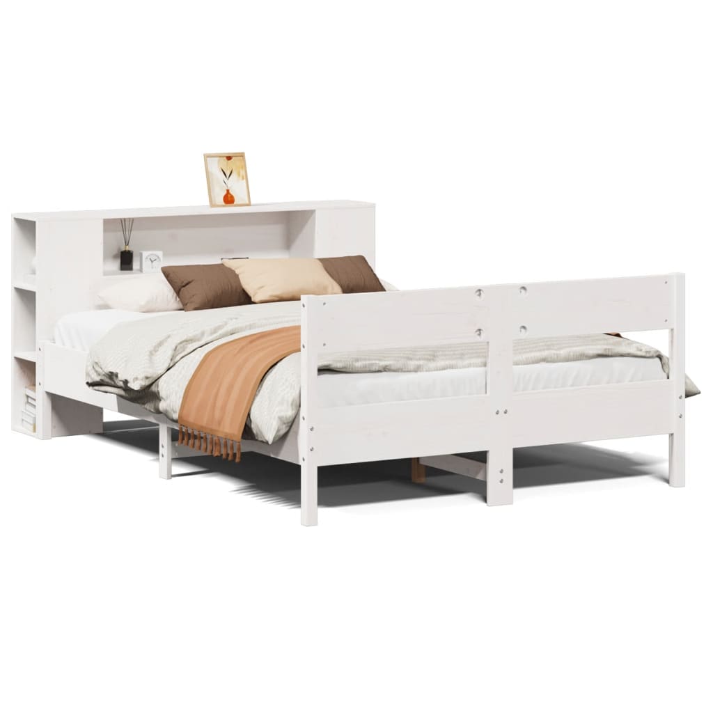 Solid Pine White Bookcase Bed Frame 140x200cm, No Mattress Included