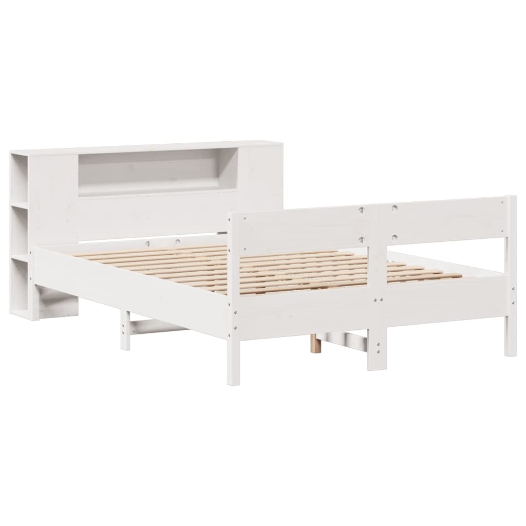 Solid Pine White Bookcase Bed Frame 140x200cm, No Mattress Included