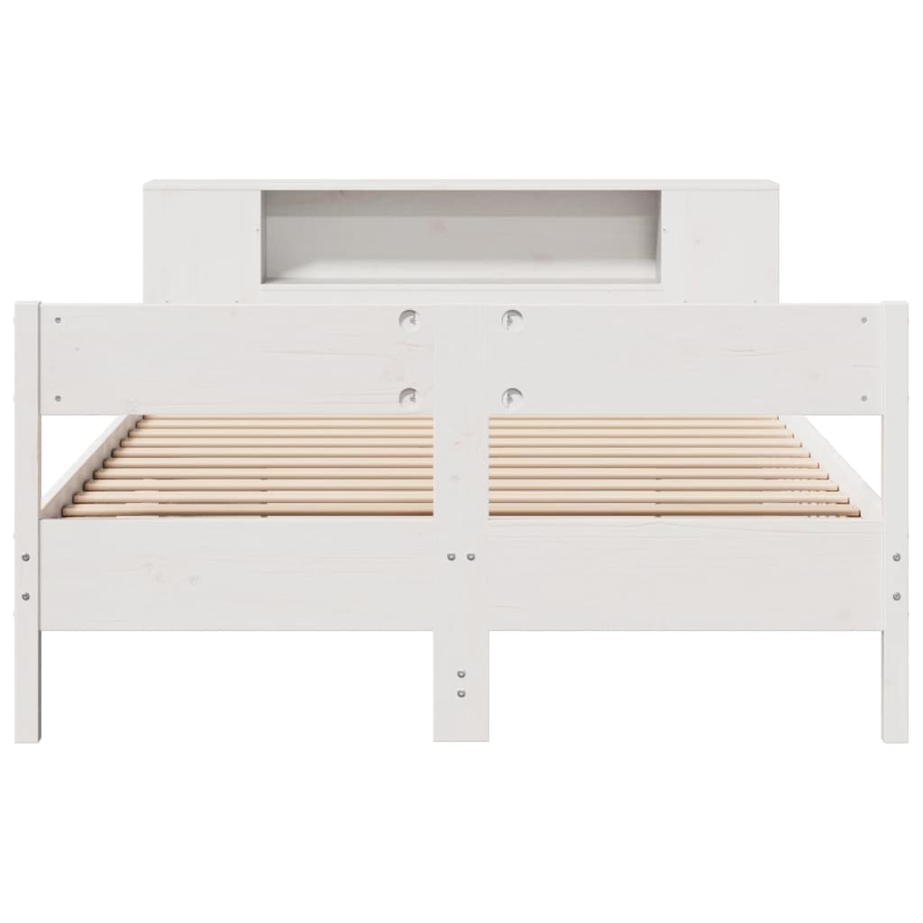 Solid Pine White Bookcase Bed Frame 140x200cm, No Mattress Included