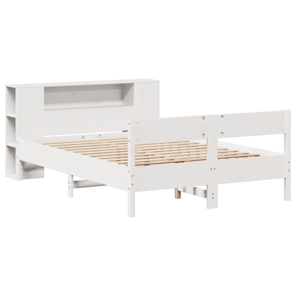 White Solid Pine Wood Bookcase Bed Frame 140x190cm - No Mattress