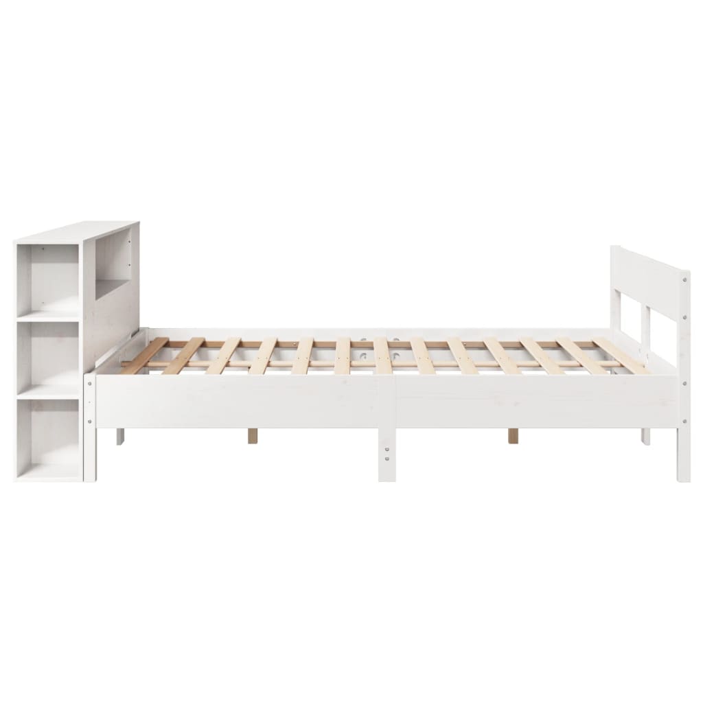 White Solid Pine Wood Bookcase Bed Frame 140x190cm - No Mattress