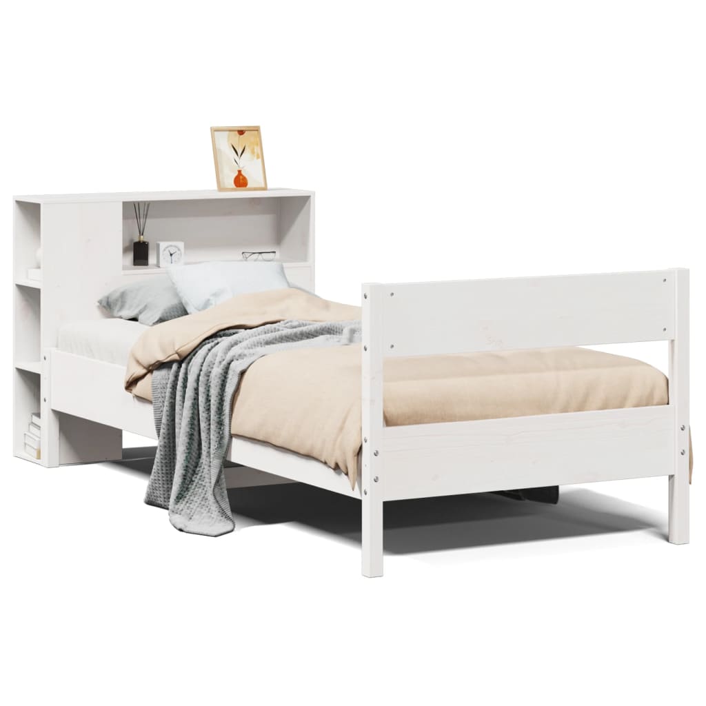 Solid Pine White Bookcase Bed Frame 100x200cm - No Mattress