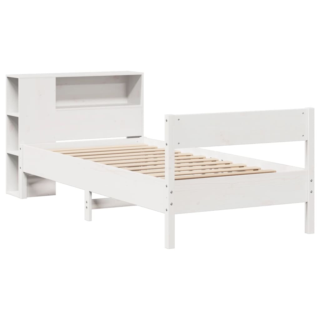 Solid Pine White Bookcase Bed Frame 100x200cm - No Mattress