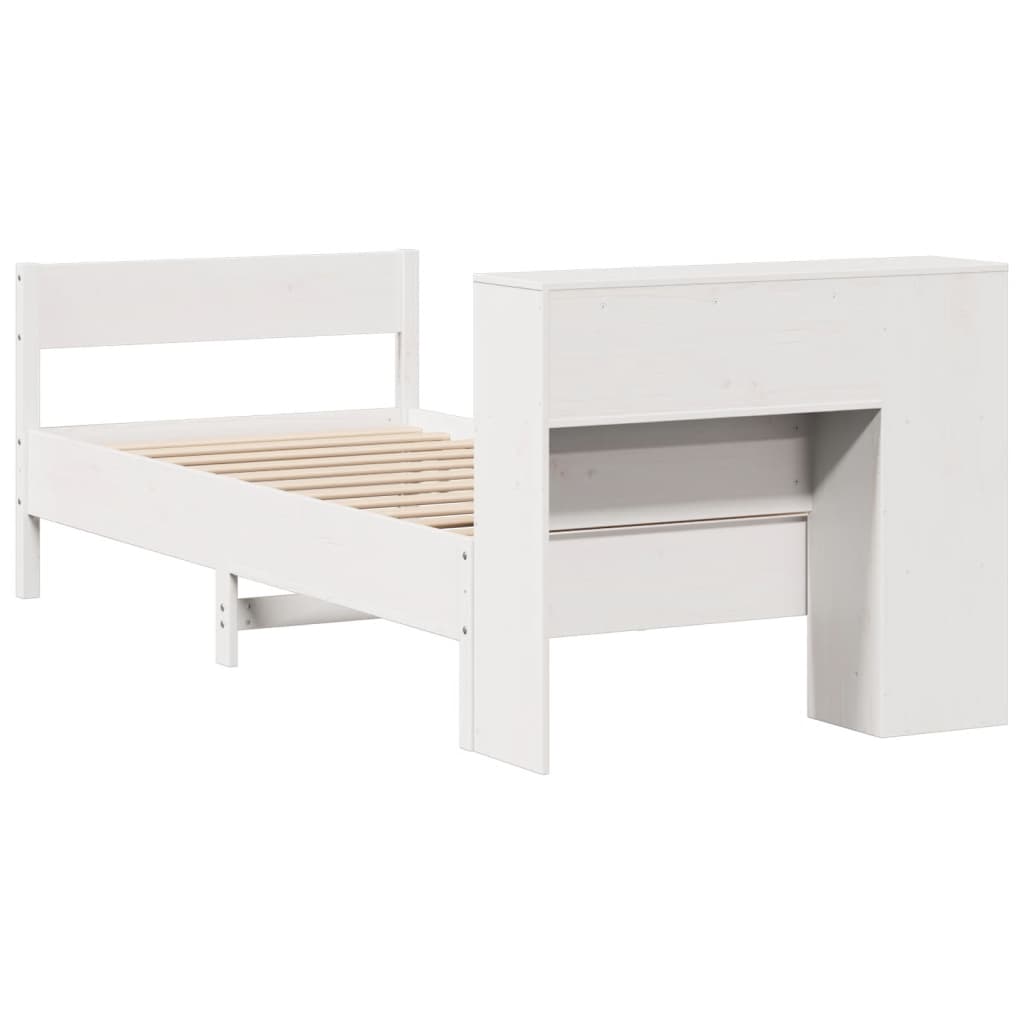 Solid Pine White Bookcase Bed Frame 100x200cm - No Mattress