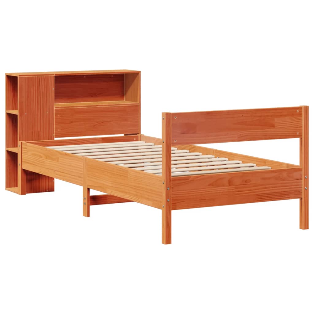 Wax Brown Solid Pine Bookcase Bed Frame 75x190 cm - No Mattress