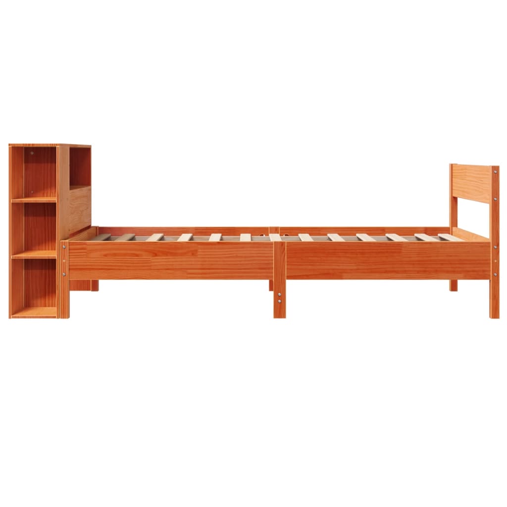 Wax Brown Solid Pine Bookcase Bed Frame 75x190 cm - No Mattress