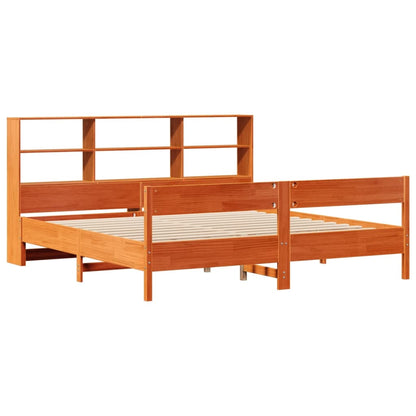 Solid Pine Wax Brown Bookcase Bed 200x200cm Frame, No Mattress