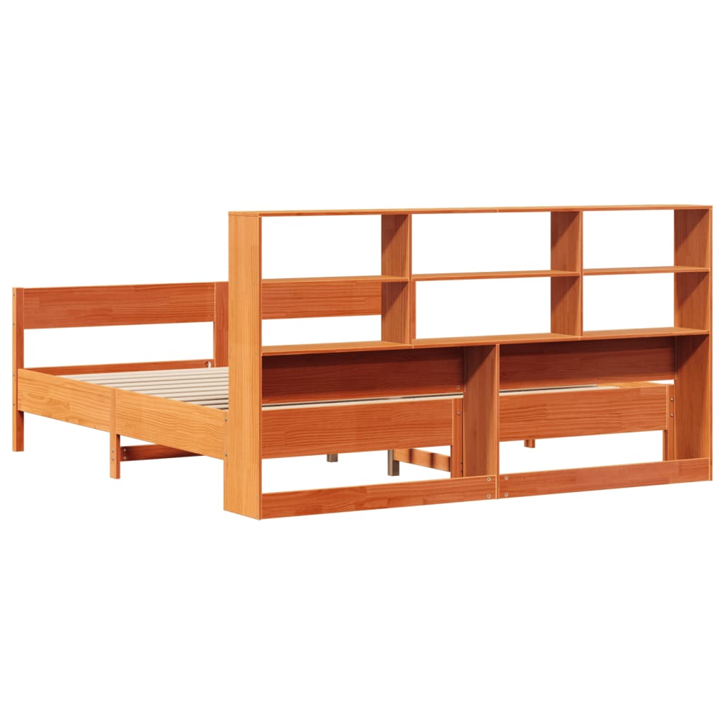 Solid Pine Wax Brown Bookcase Bed 200x200cm Frame, No Mattress