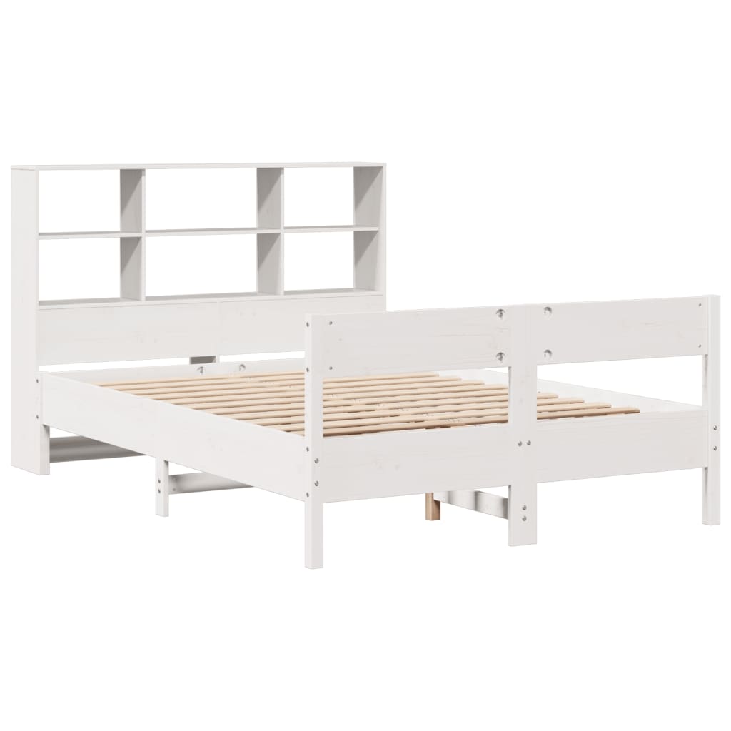 Solid Pine Bookcase Bed Frame, White, 160x200cm (Mattress Not Included)