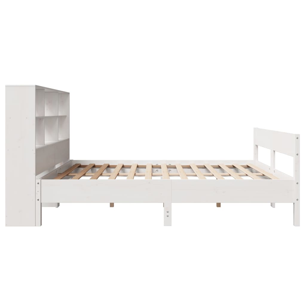Solid Pine Bookcase Bed Frame, White, 160x200cm (Mattress Not Included)