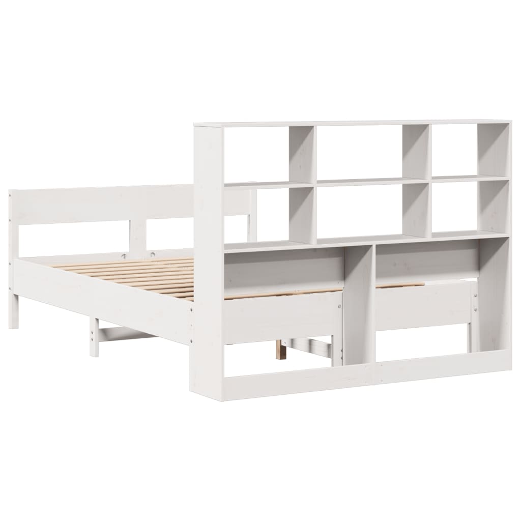 Solid Pine Bookcase Bed Frame, White, 160x200cm (Mattress Not Included)