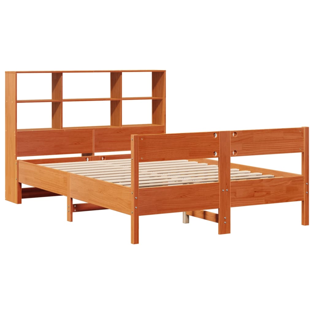 Wax Brown Solid Pine Bookcase Bed Frame 160x200cm - No Mattress