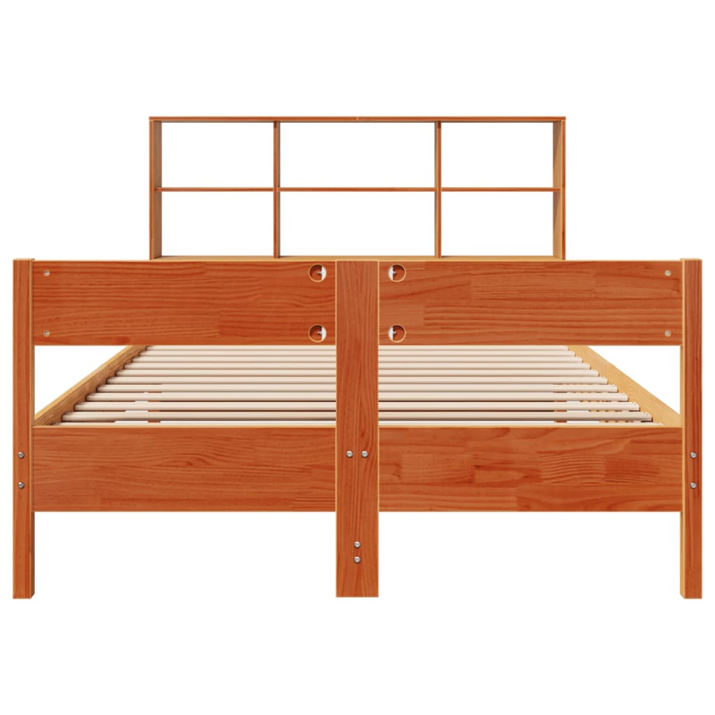 Wax Brown Solid Pine Bookcase Bed Frame 160x200cm - No Mattress