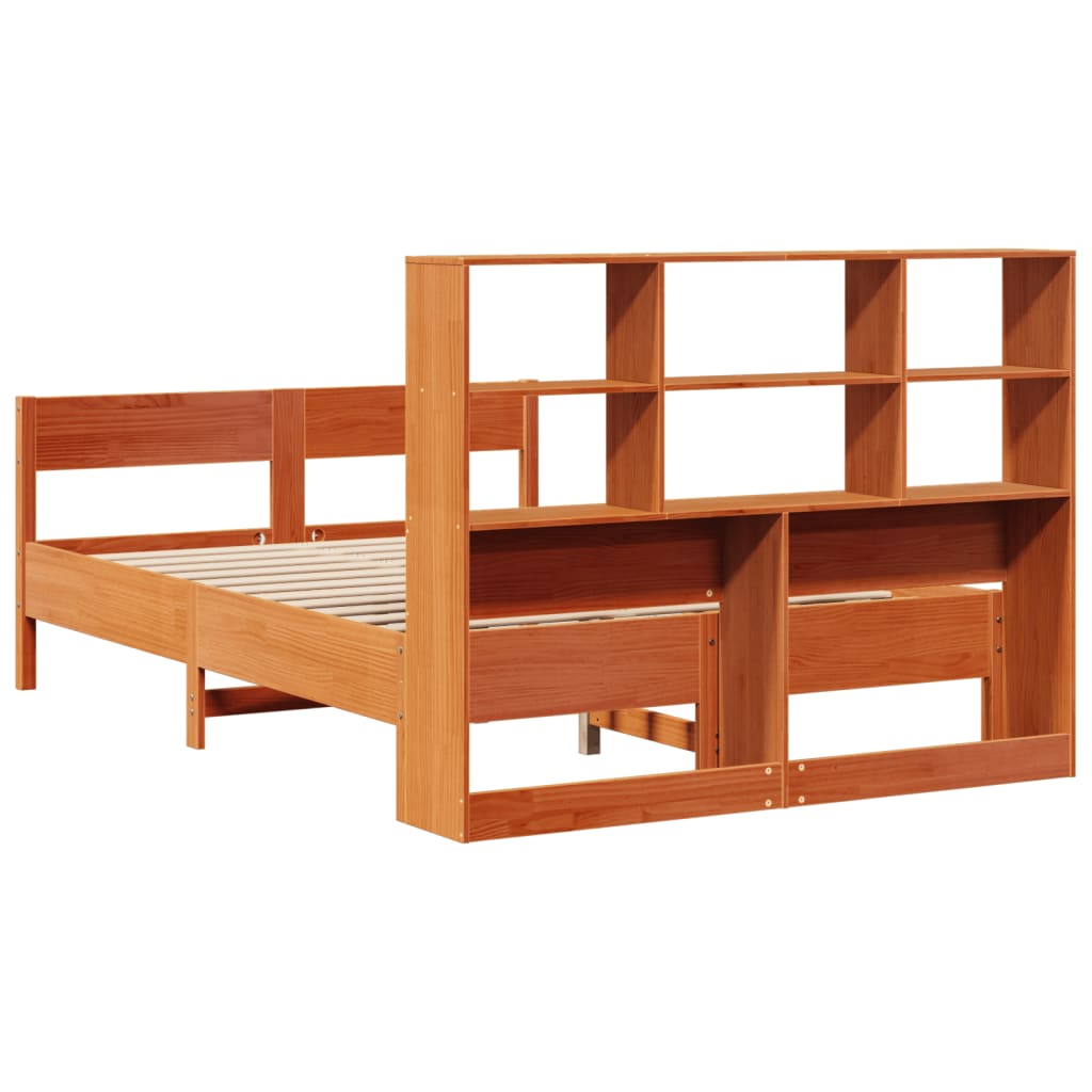 Solid Pine Wood Bookcase Bed Frame - Wax Brown 140x200cm