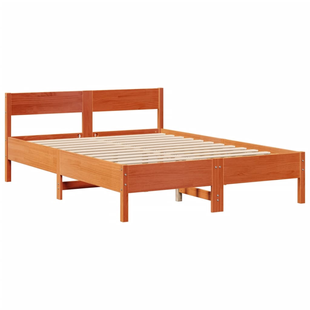 Solid Pine Wood Bookcase Bed Frame - Wax Brown 140x200cm