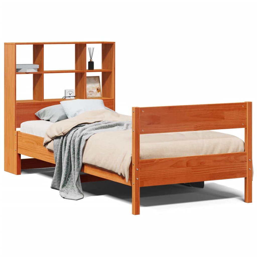 Solid Pine Wax Brown Bookcase Bed Frame 90x200cm - No Mattress