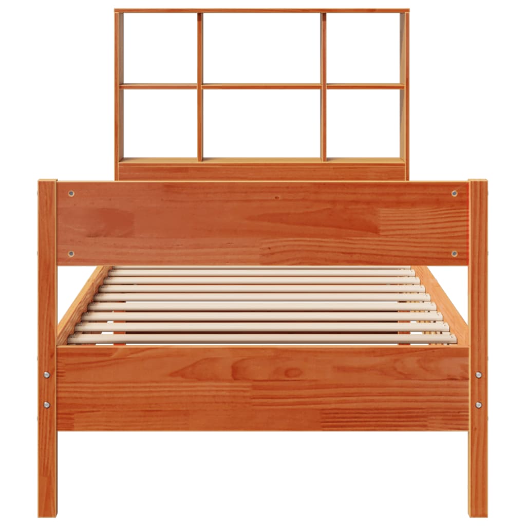Solid Pine Wax Brown Bookcase Bed Frame 90x200cm - No Mattress