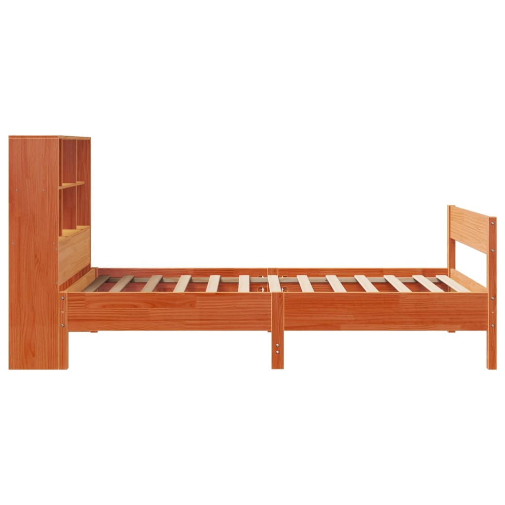 Wax Brown Solid Pine Small Single Bookcase Bed Frame 75x190 cm