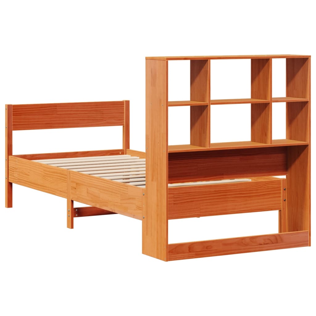 Wax Brown Solid Pine Small Single Bookcase Bed Frame 75x190 cm