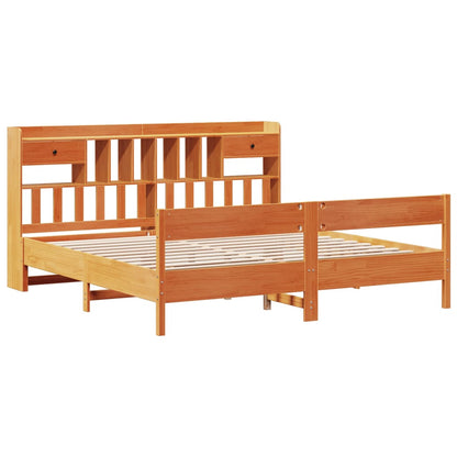 Solid Pine Wax Brown Bookcase Bed Frame 200x200cm - No Mattress