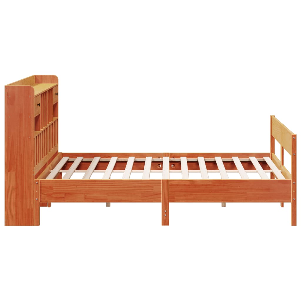 Solid Pine Wax Brown Bookcase Bed Frame 200x200cm - No Mattress