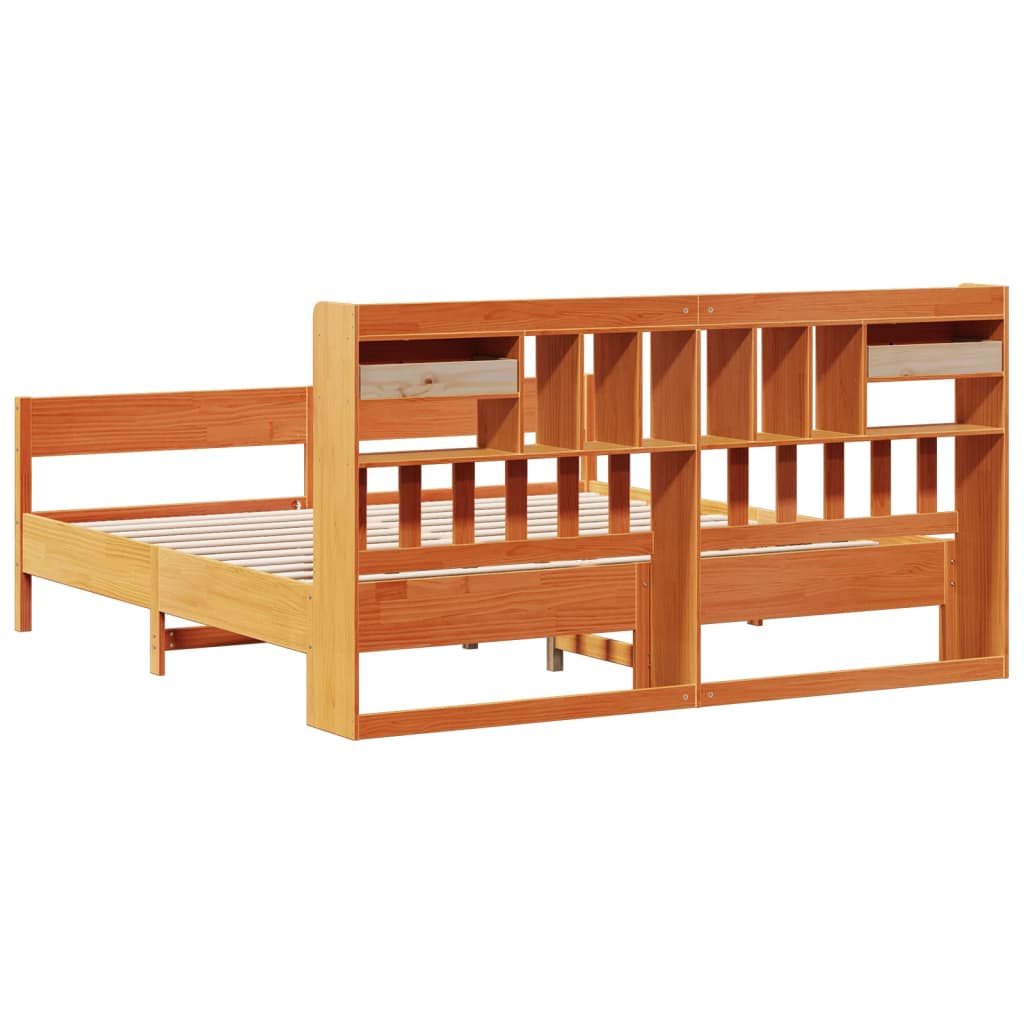 Solid Pine Wax Brown Bookcase Bed Frame 200x200cm - No Mattress